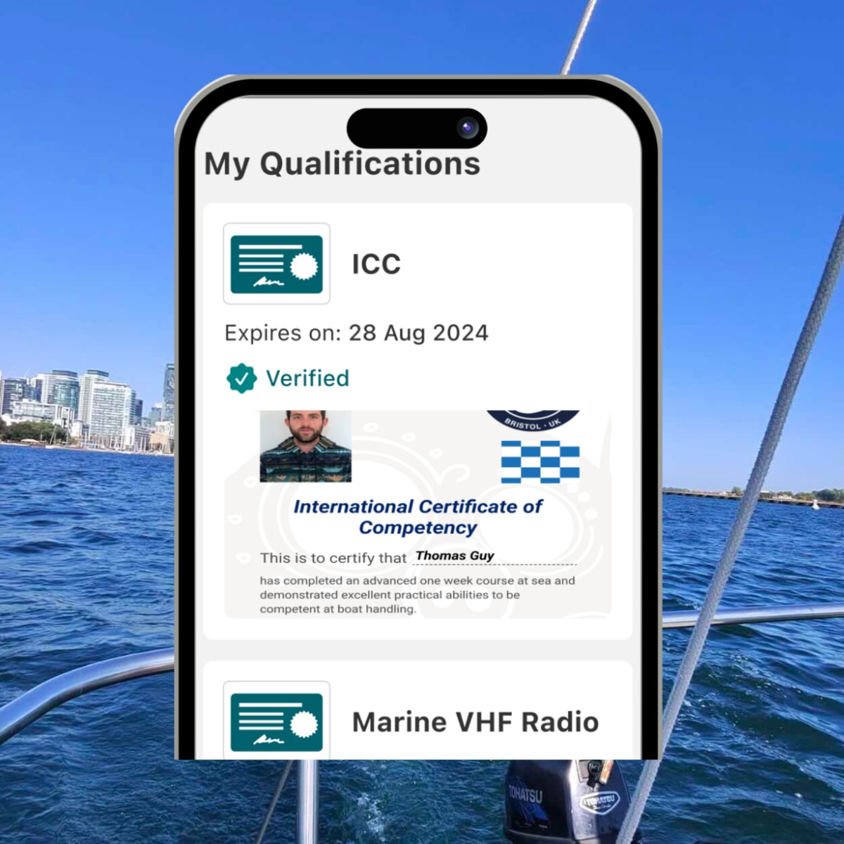 Sailor uploading a sailing certificate to the SailTies app on a mobile device