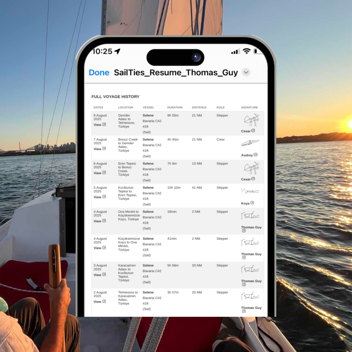 SailTies resume with with skipper signatures for log entries