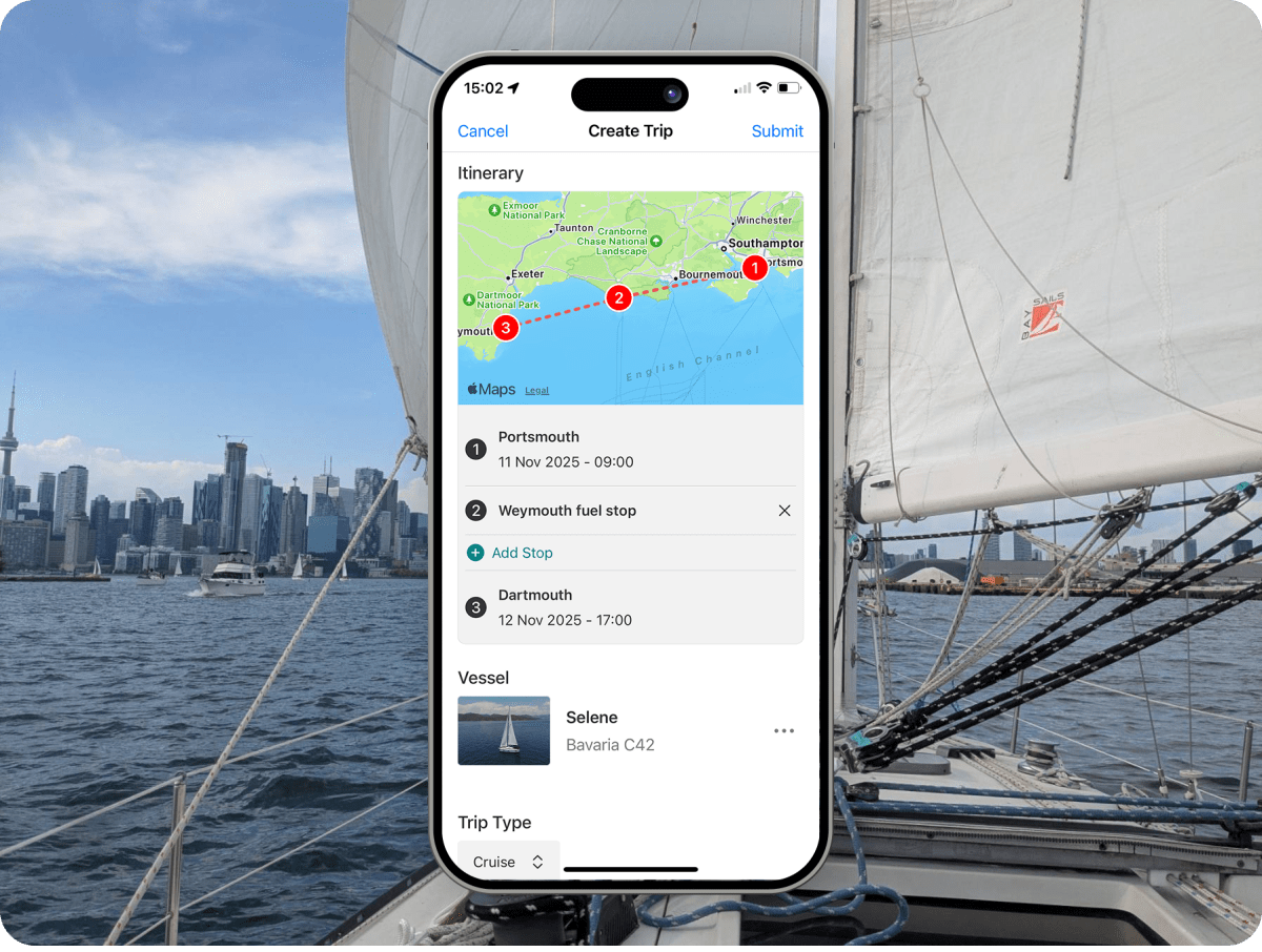 Sailing route map from Portsmouth to Dartmouth with key anchorages and stops.