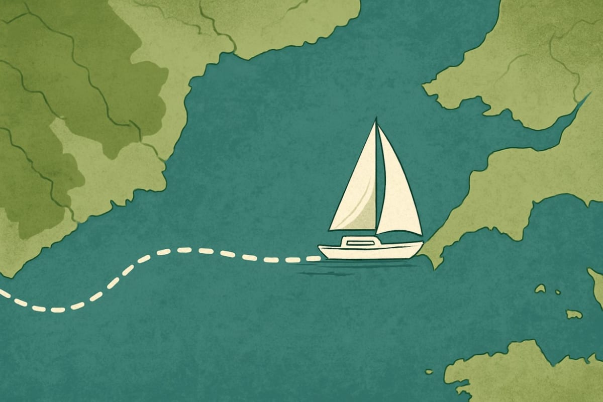 A illustrated sailboat navigating a planned sailing route