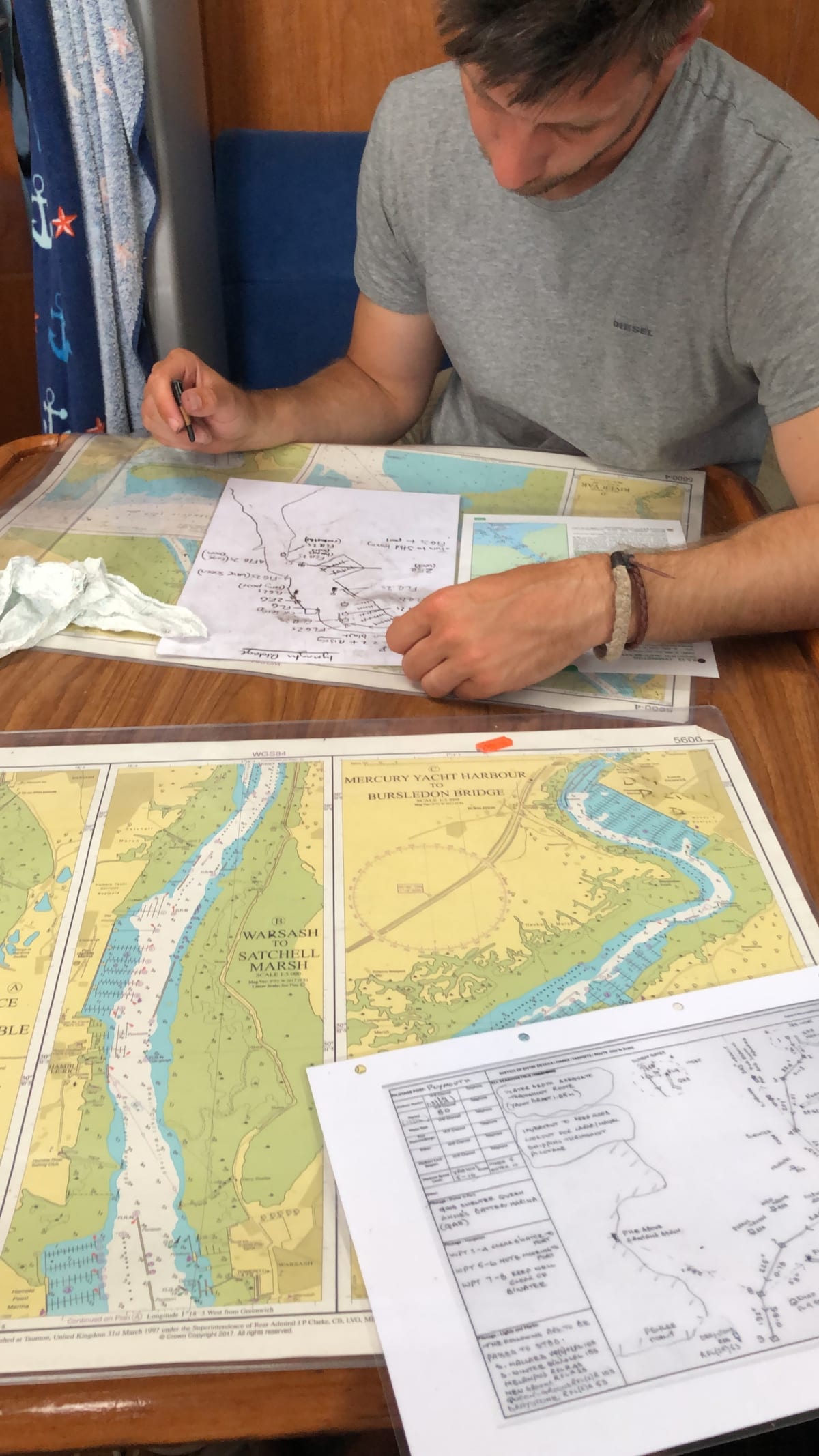 Sailor planning out a voyage in the cabin
