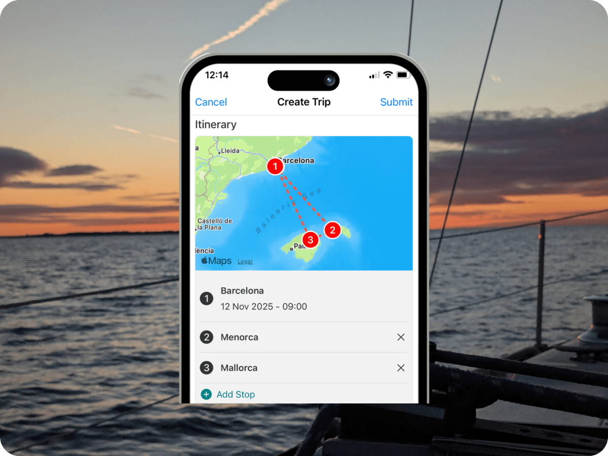 Sailing trip planner app showing a route from Barcelona to Mallorca and Menorca on a phone screen aboard a sailboat at sunset.