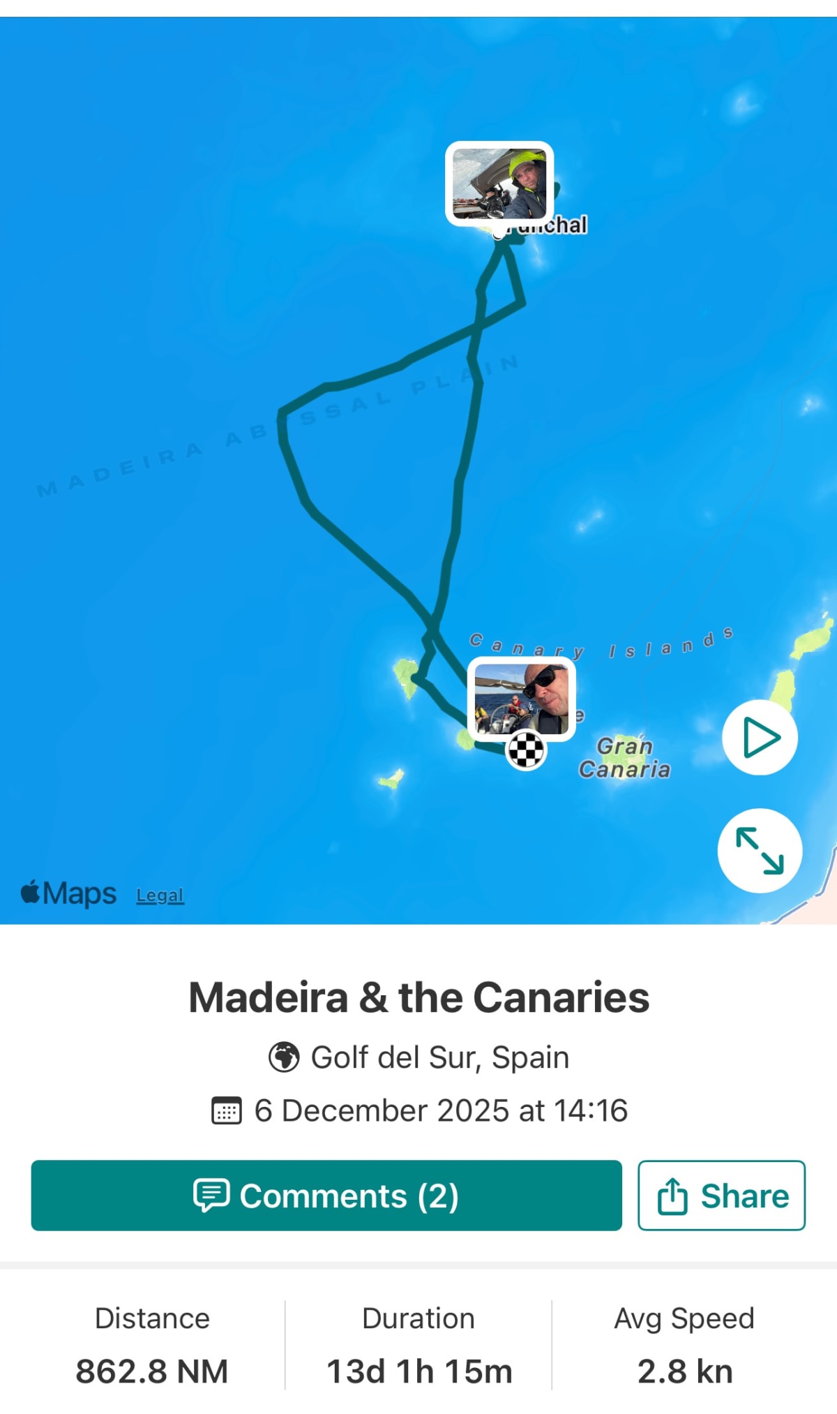 Map of sailing route between Madeira and the Canary Islands