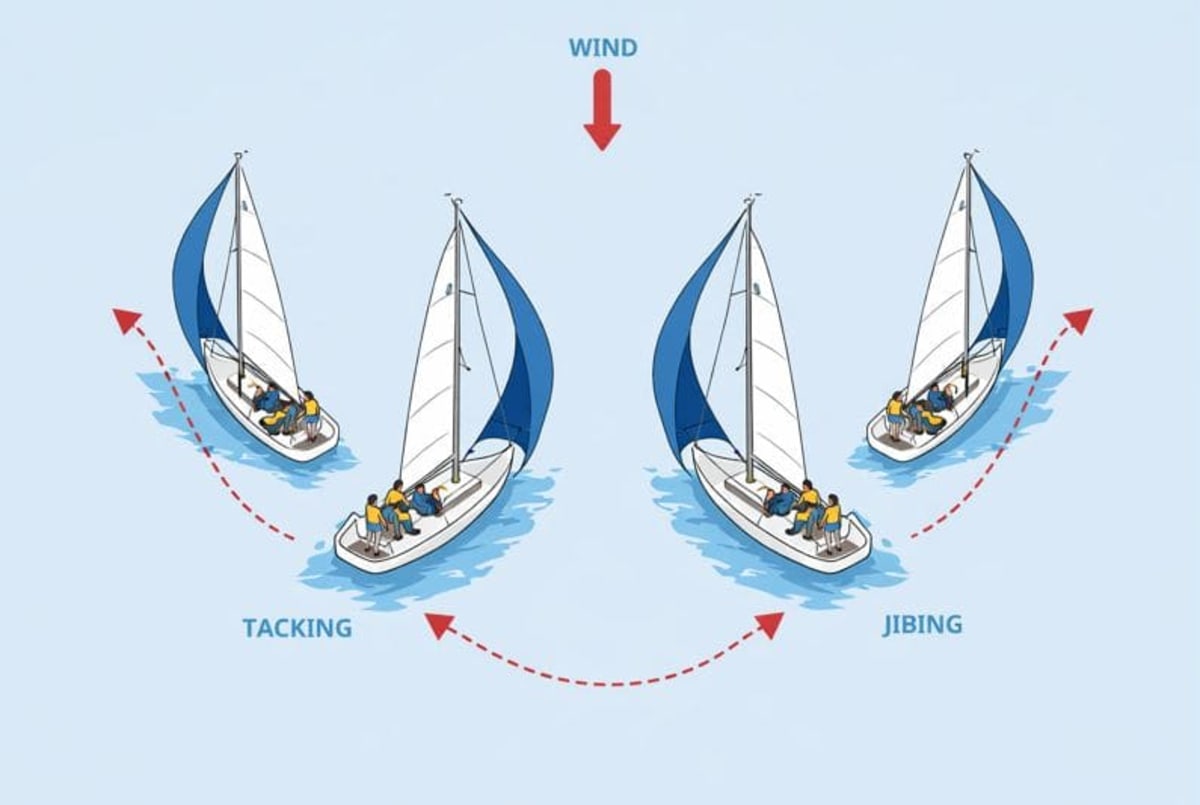 diagram of sailboat tacking and jibing relative to wind direction