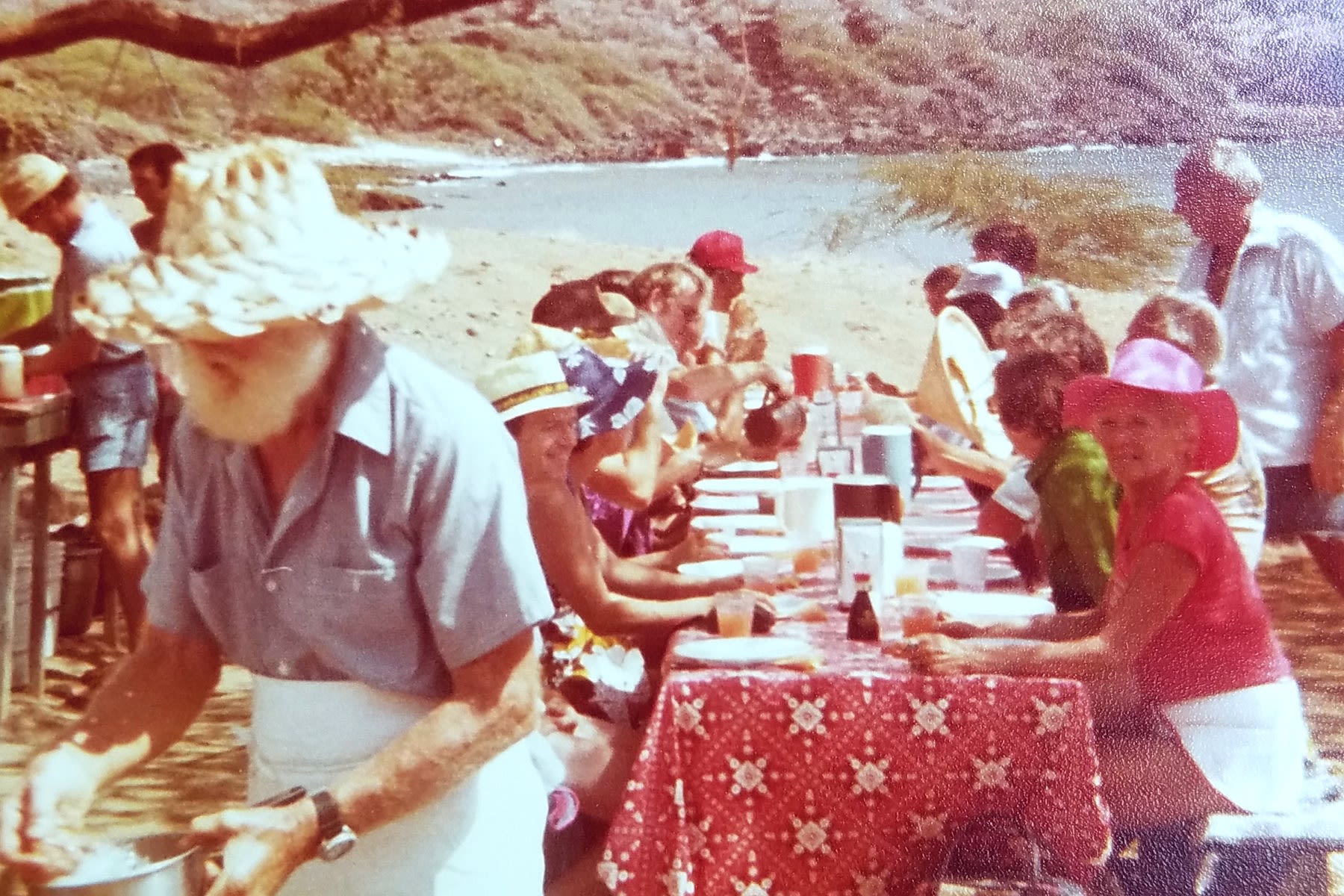 old photo of lanai BBQ chicken lunch on trilogy's Discover Lanai tour