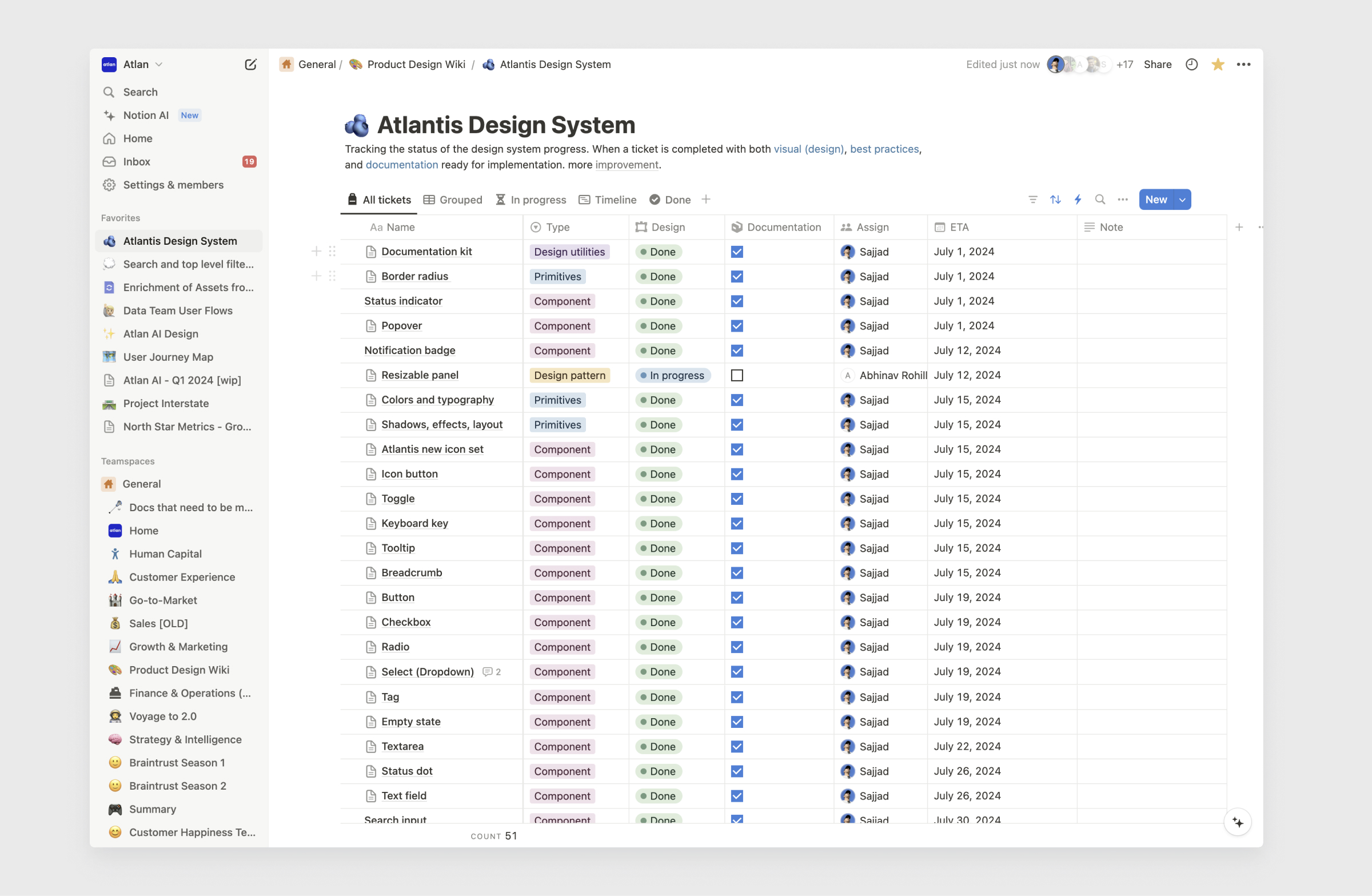 Notion page outlining all the task related to the design system