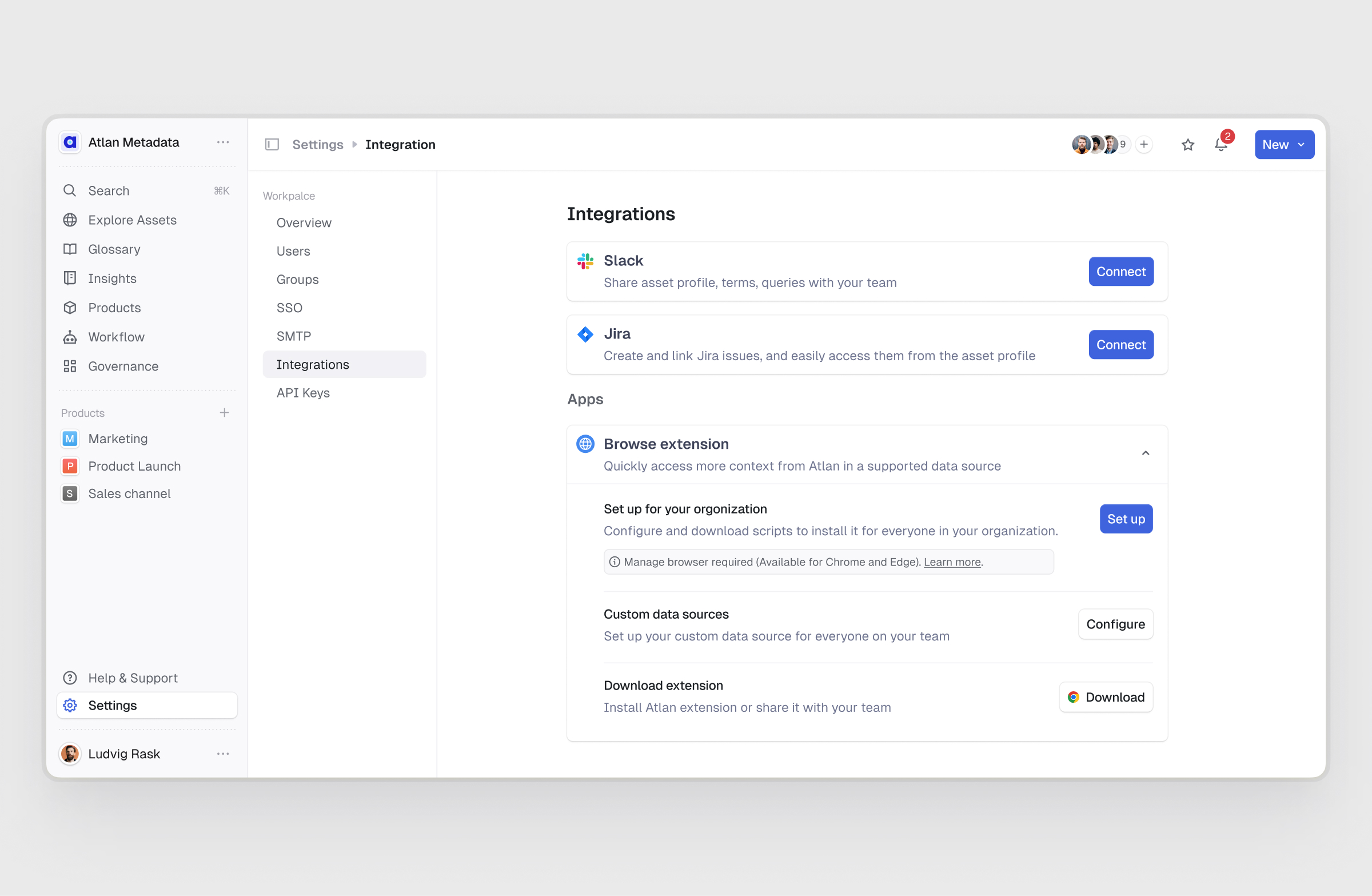 Settings page of the Atlan