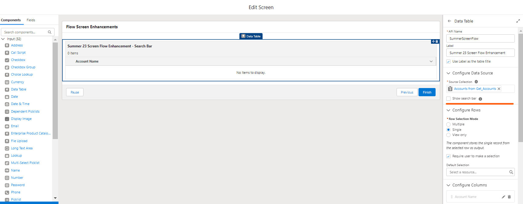 Screen Flow Data table - Data Source SalesforceCodex