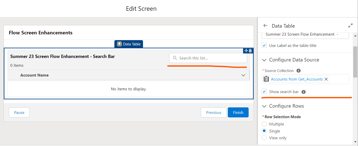 Screen Flow Data table - Enable Search Bar SalesforceCodex