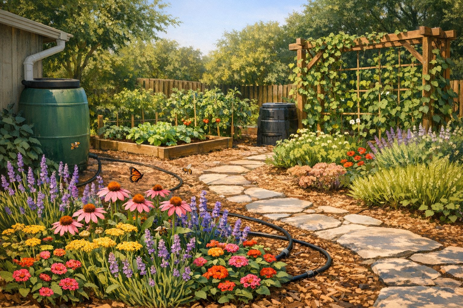 Lush summer garden with colorful flowers and green foliage