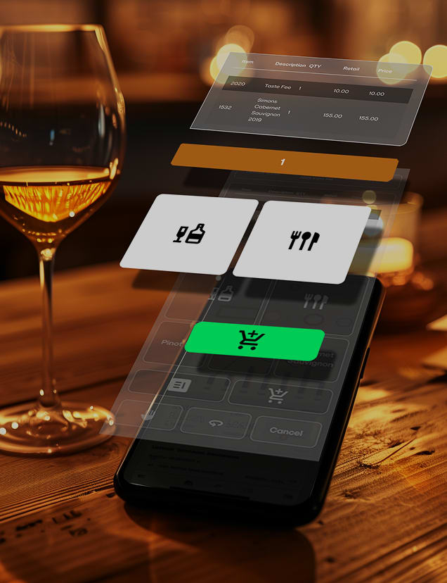 A smartphone displays a wine shopping app showing a list of favorite wines with images of four bottles, sorting options, and an "Add All Wines to Cart" button.