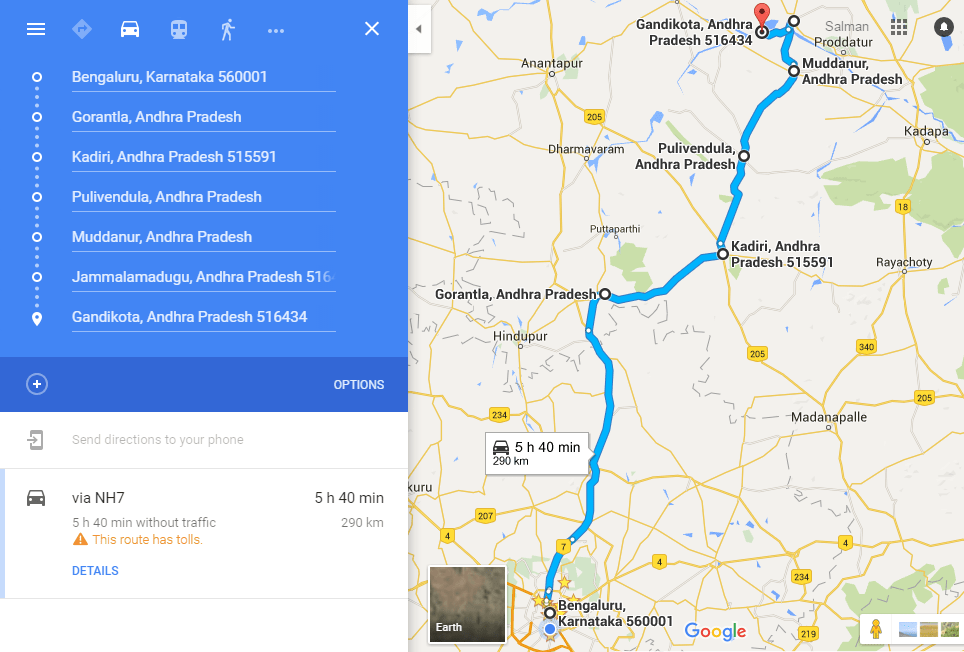 Bangalore-Gandikota-Route