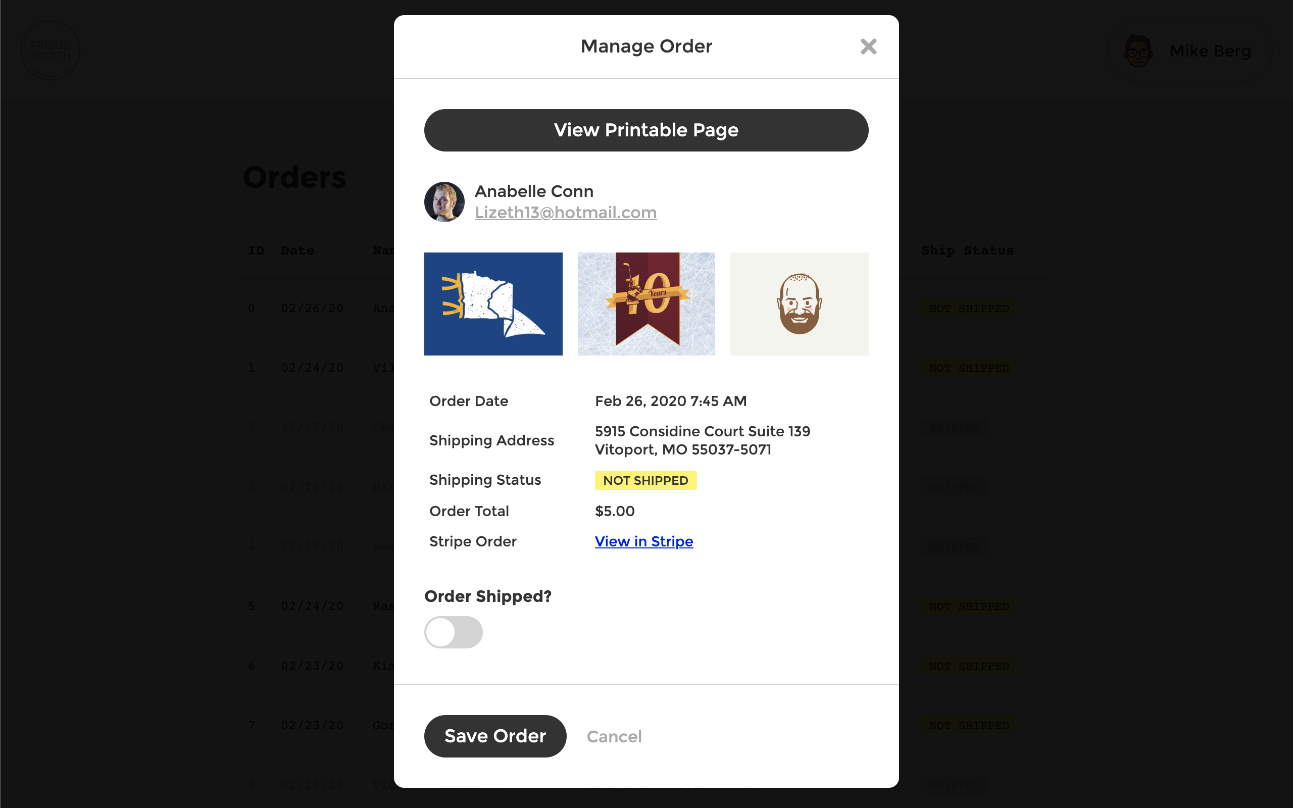 Fridgeworth Order Management Modal