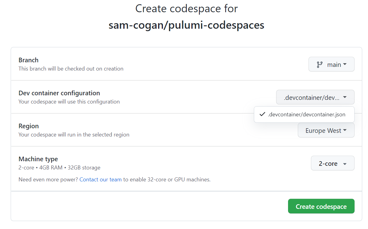 Create Codespace