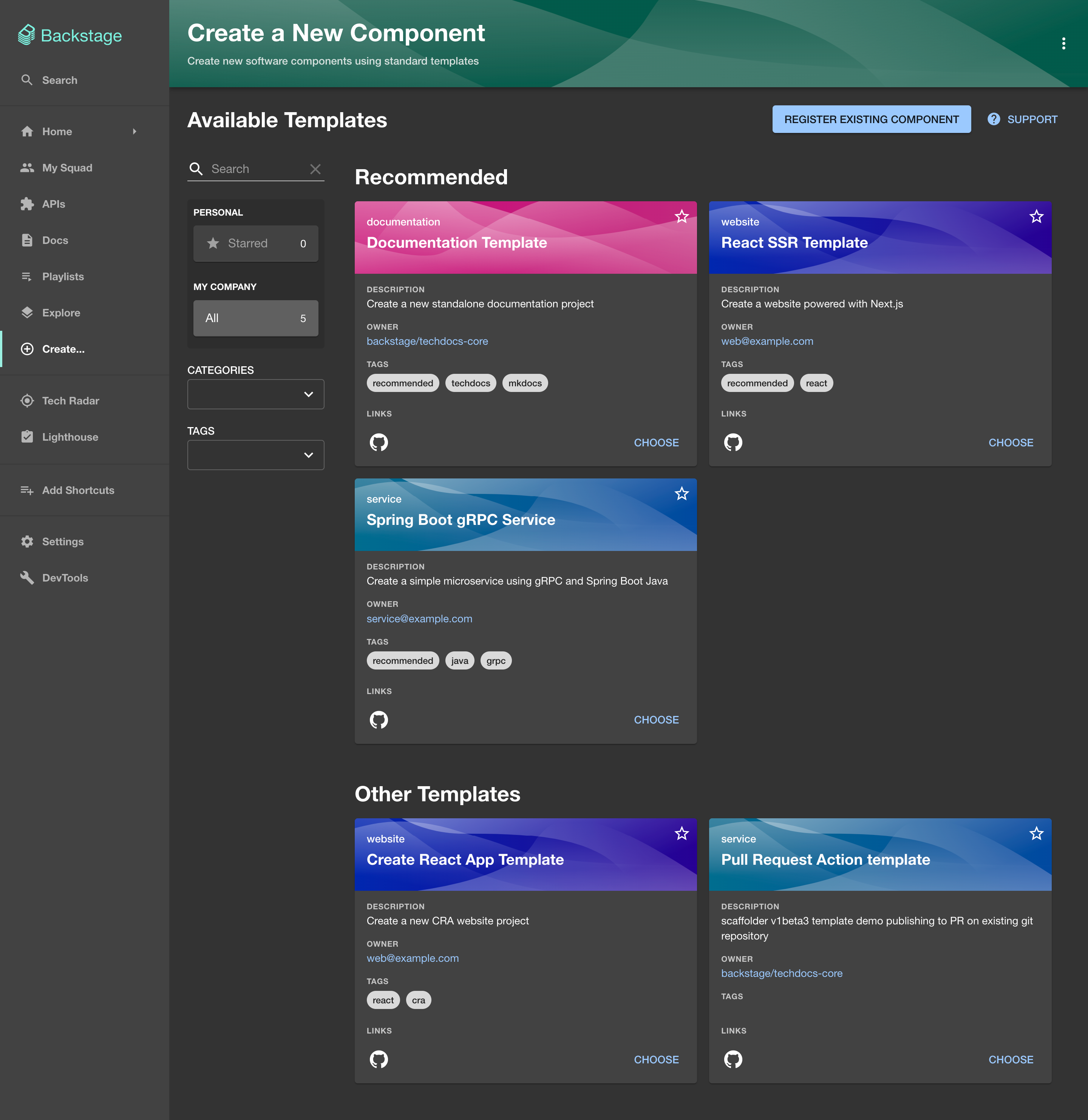 The interface for creating new services in Backstage.io, simplifying the process for developers.