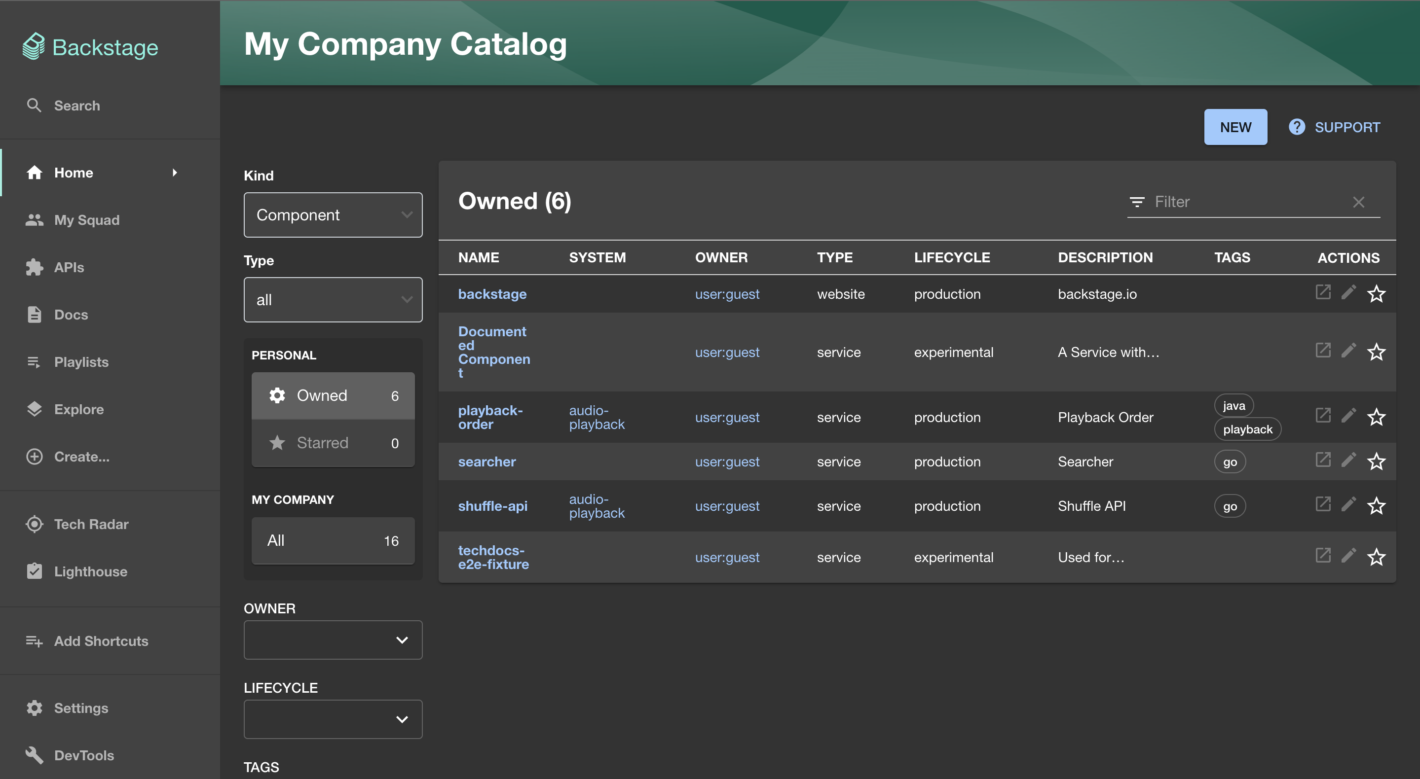 The Service Catalog in Backstage.io, offering a comprehensive overview of all services within an organization.