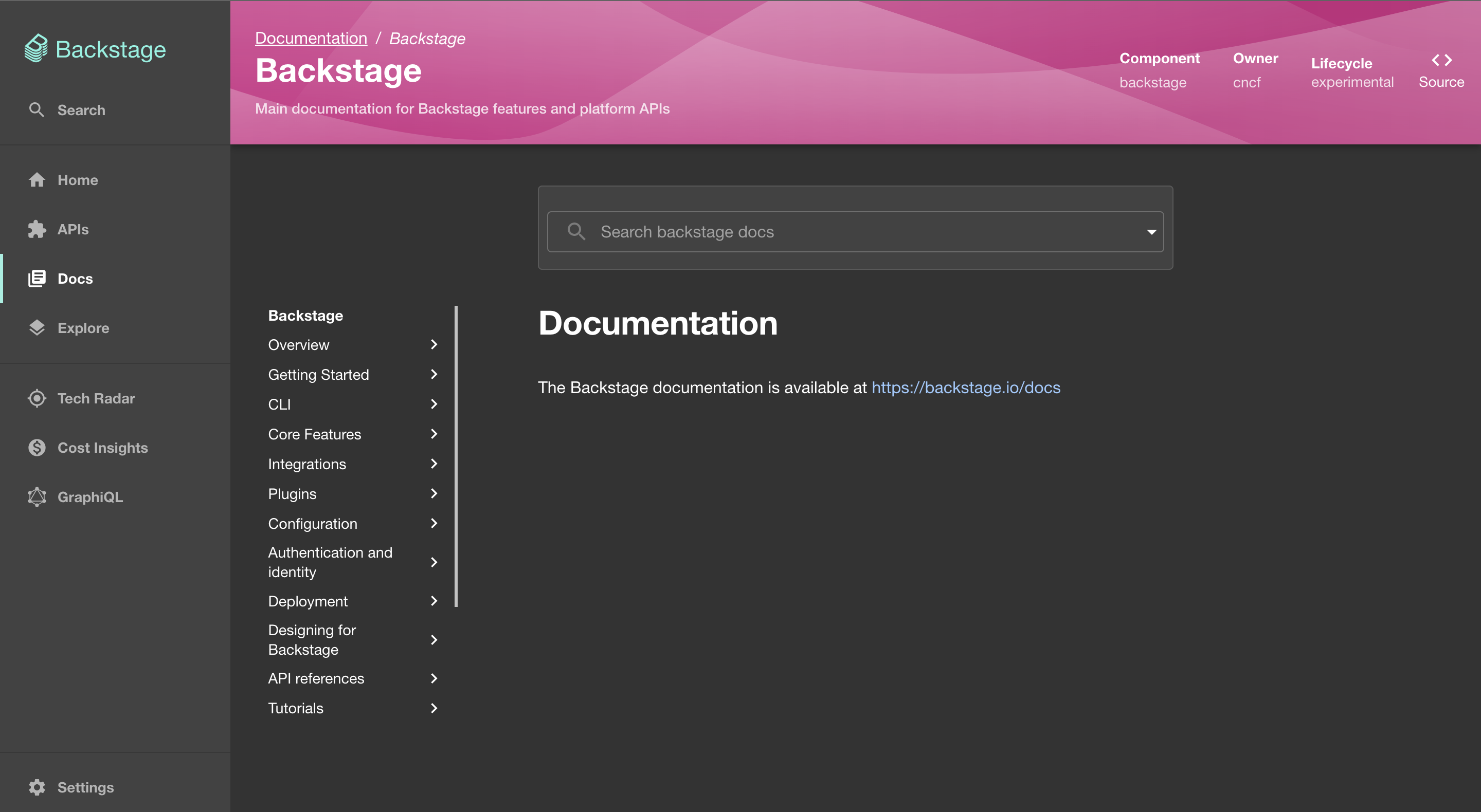 Backstage.io's TechDocs feature, centralizing the creation and viewing of documentation.