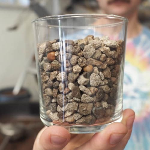 Sieving rocks out of our coffee beans