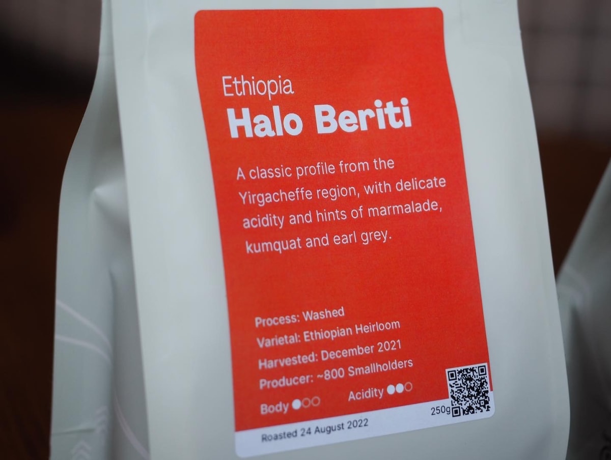 A label of Halo Beriti single origin with the new design.