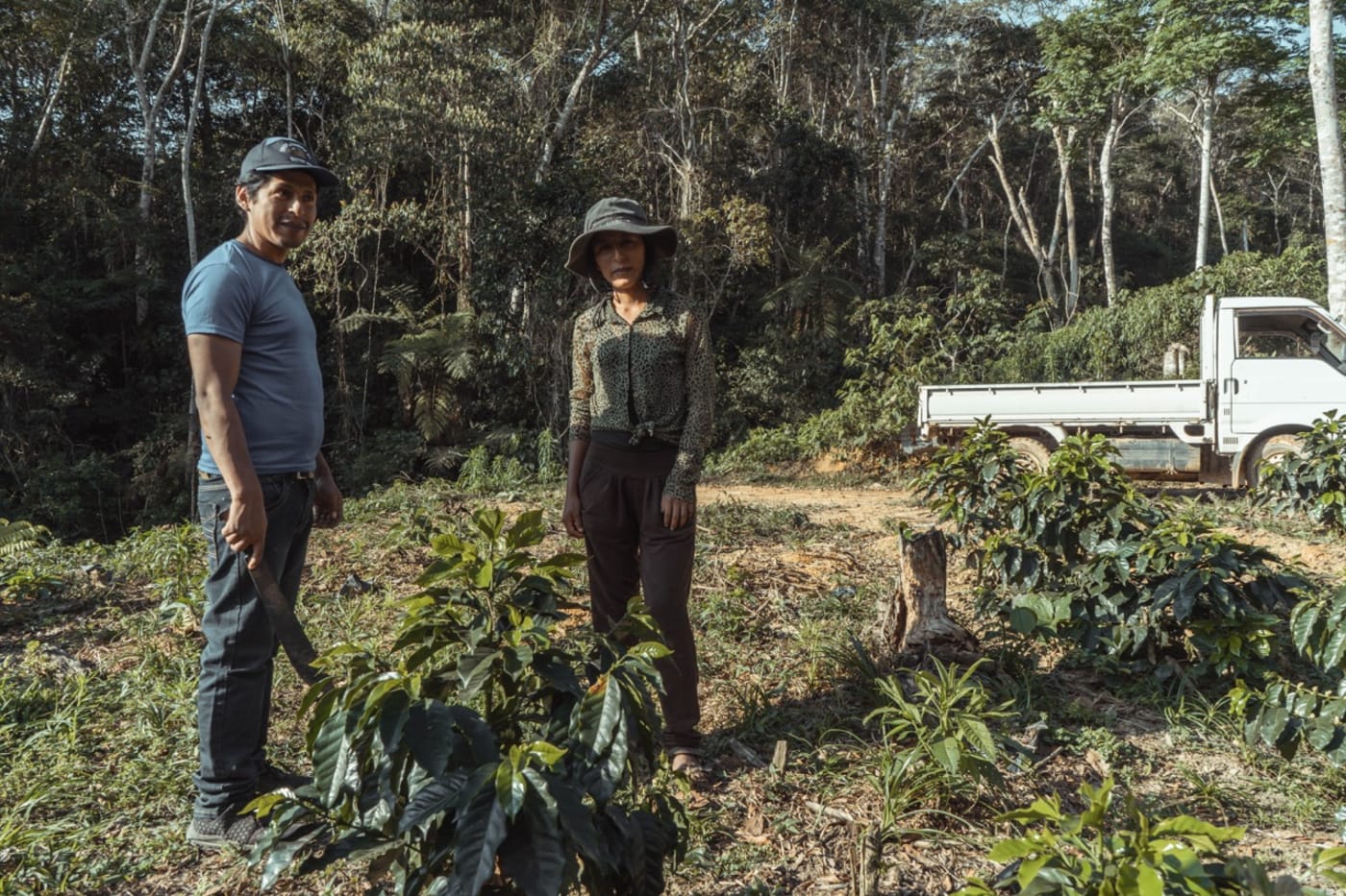 Roxana and a worker on the mountain slopes surrounded by coffee trees.