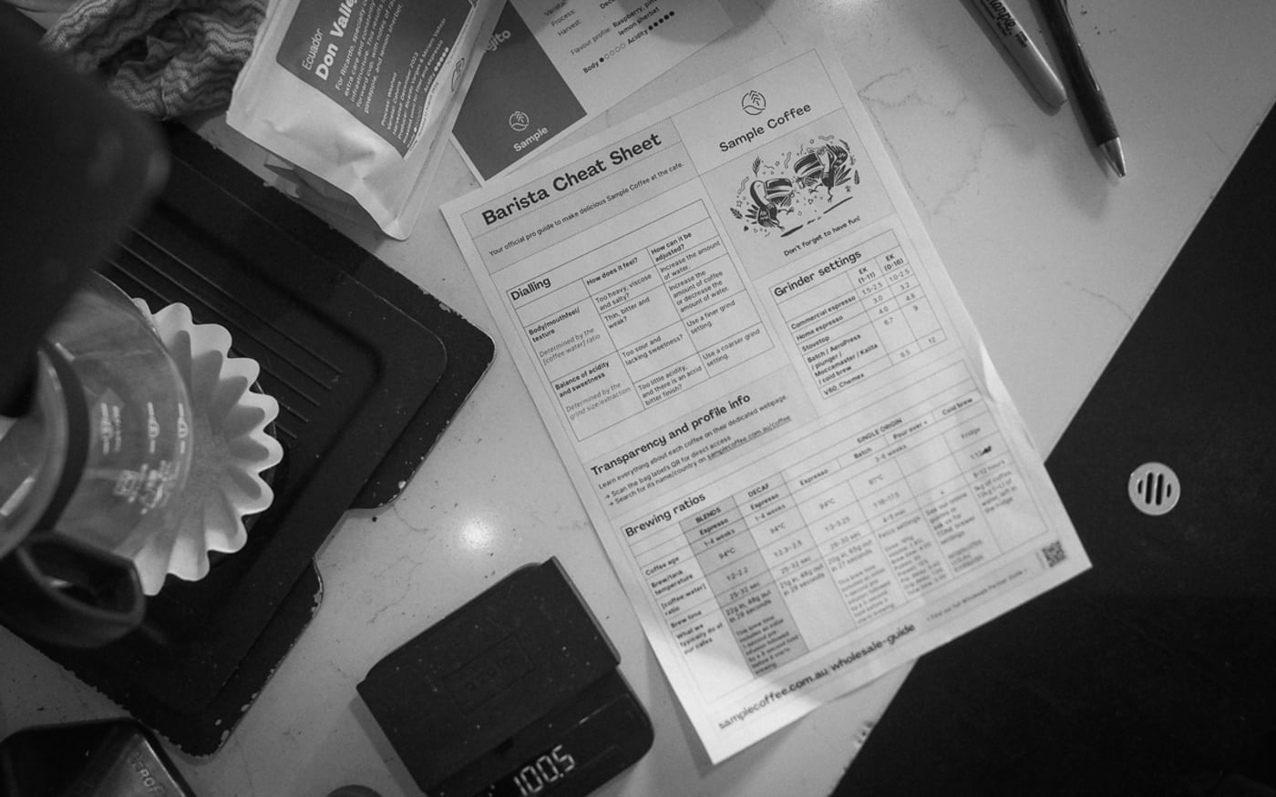 Our barista cheatsheet or professional guide lying flat on the cafe counter, amongst other brewing gear.
