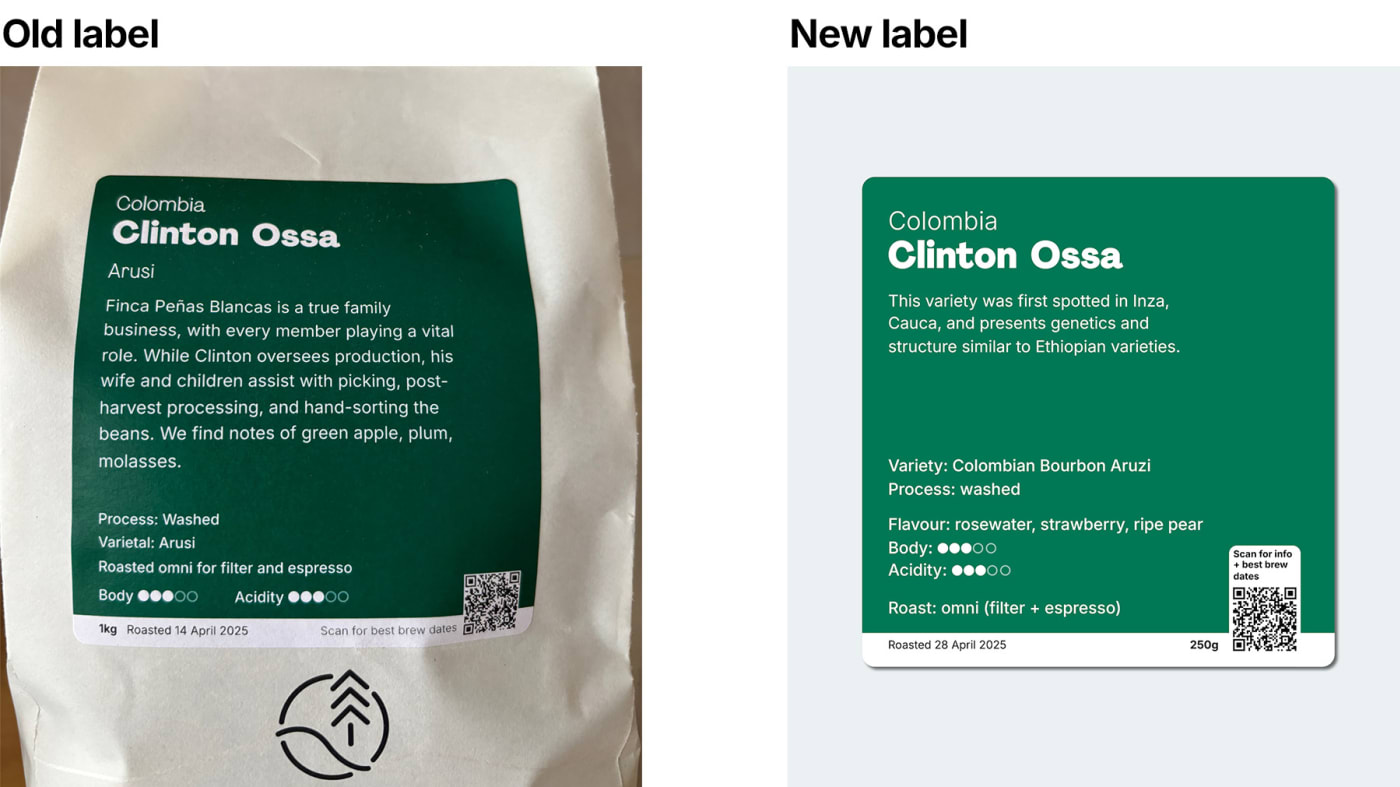 Photo comparing our old and new bag labels for a single origin coffee lot from Clinton Ossa
