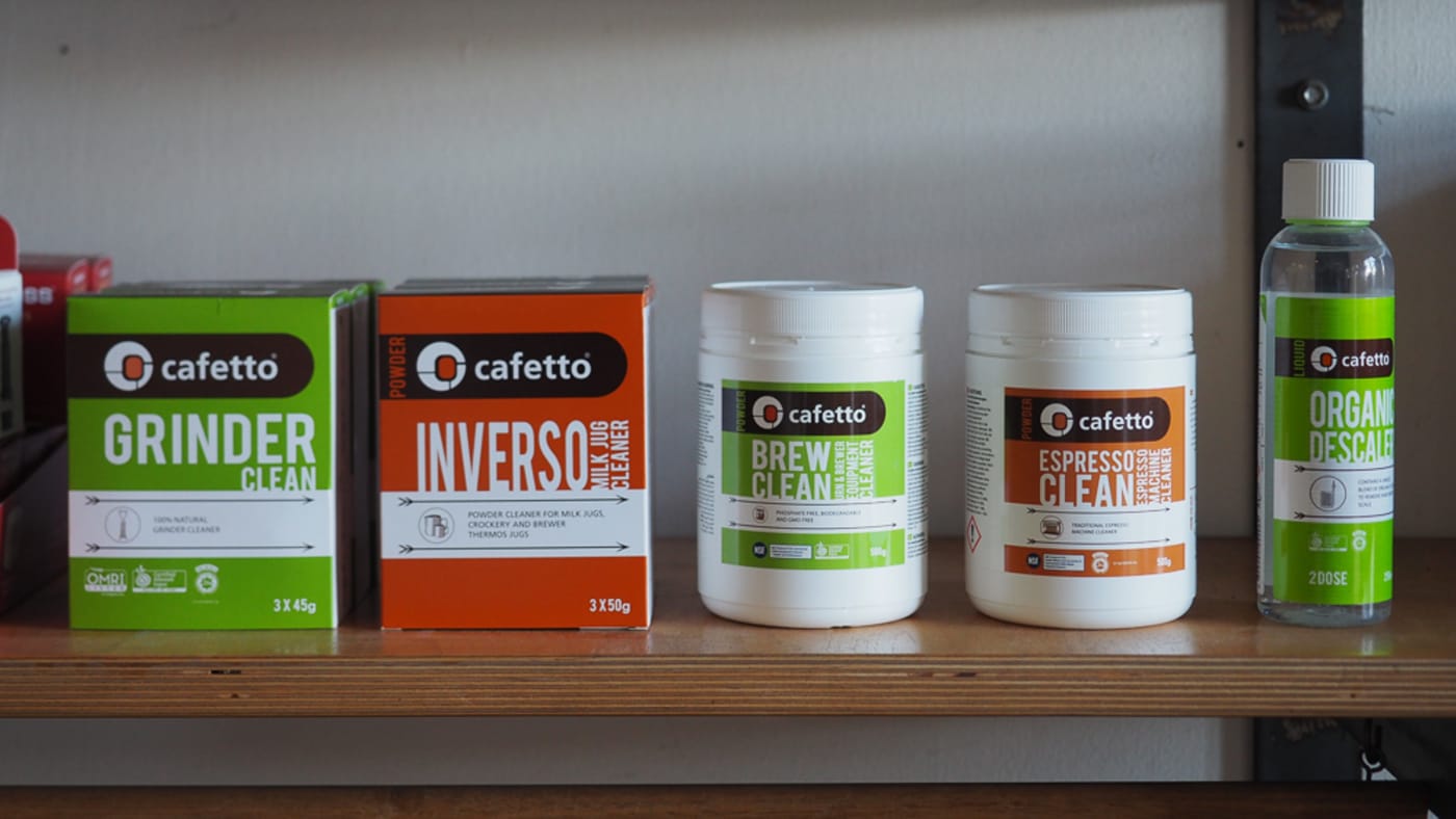 A photo showing Cafetto products on our shelves at the Sample Coffee Pro Shop