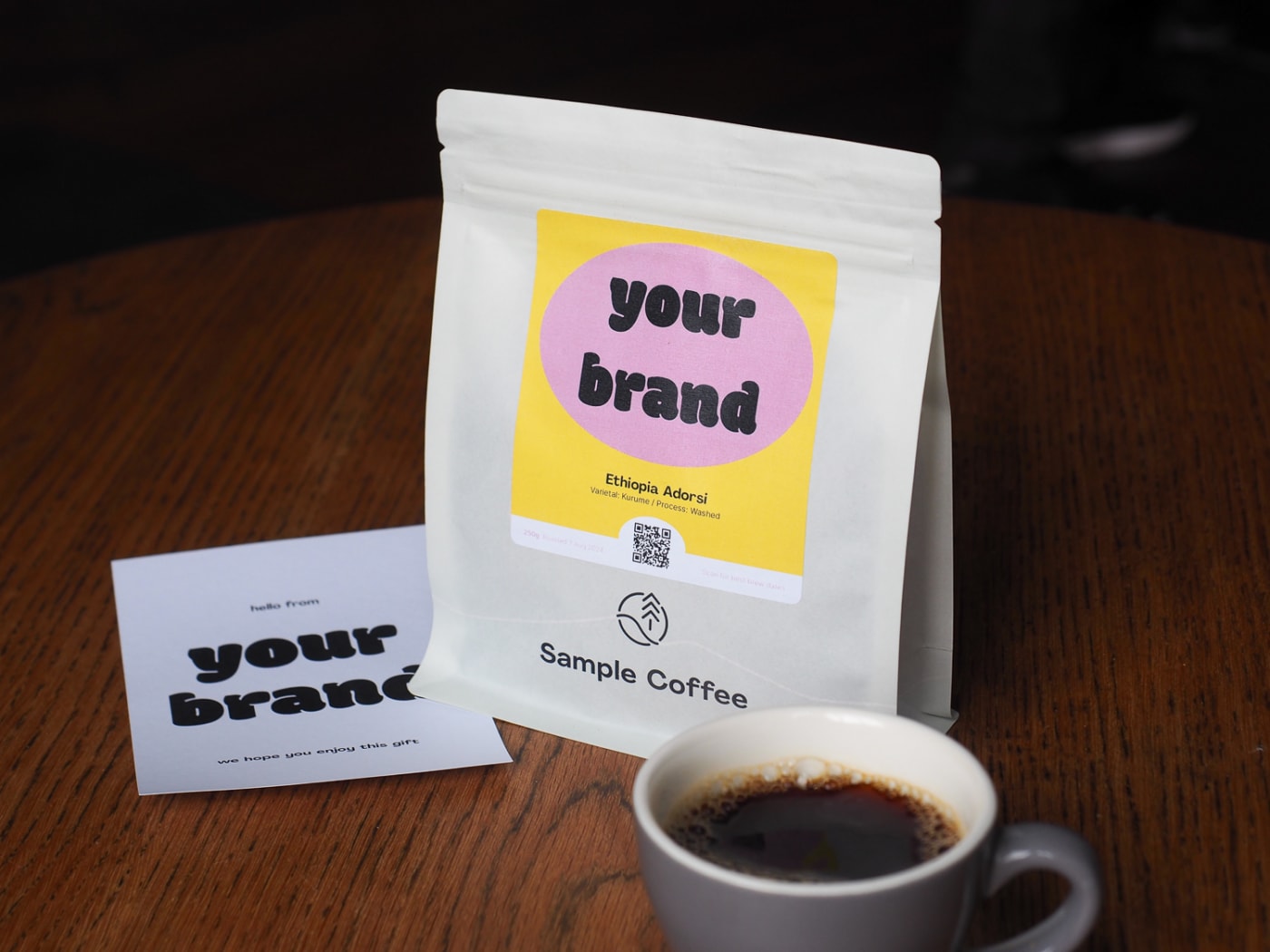 A co-branded Sample Coffee beans bag.