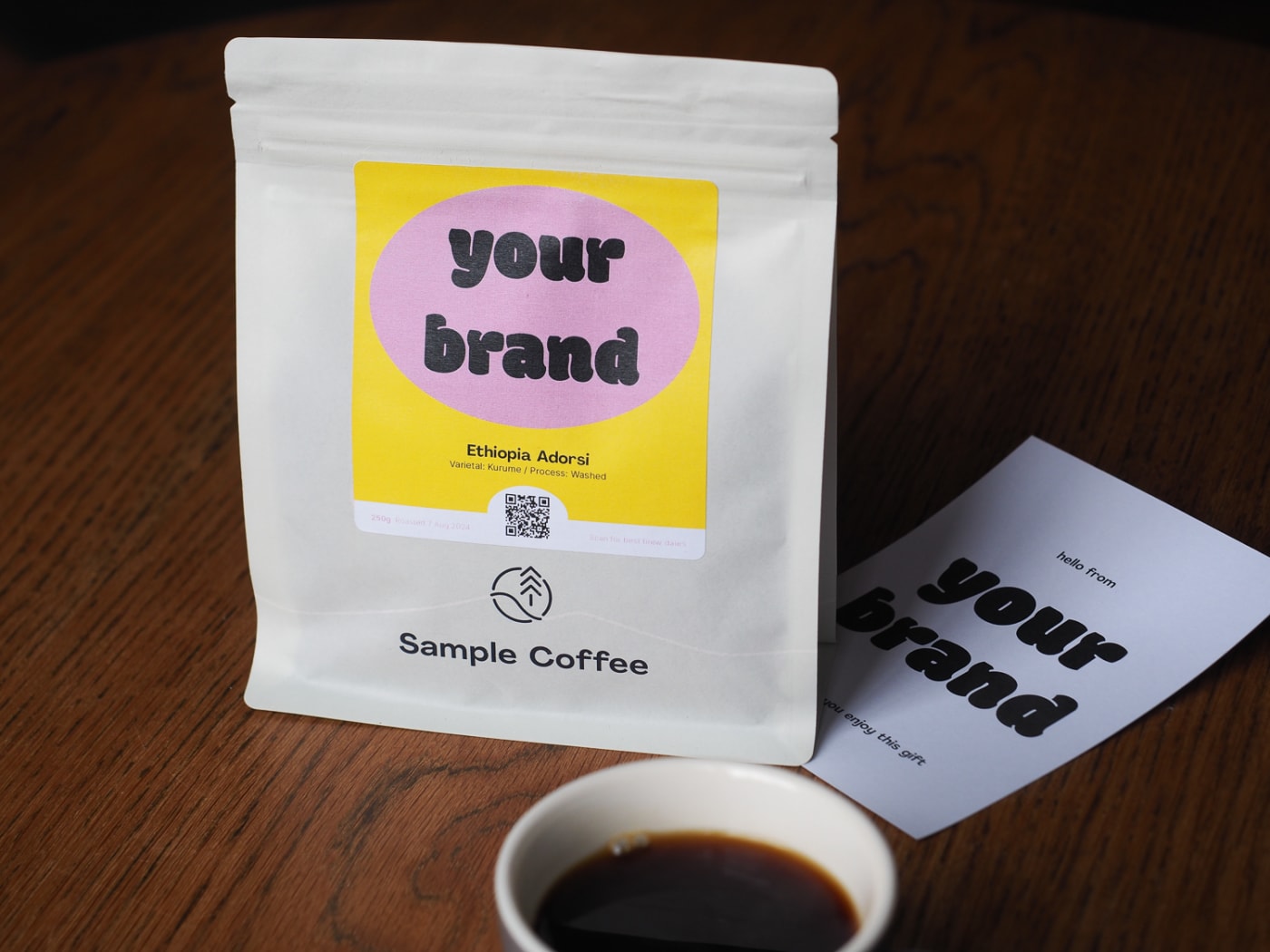 An example of how our co-branded coffee bag and postcard could look like in real life.