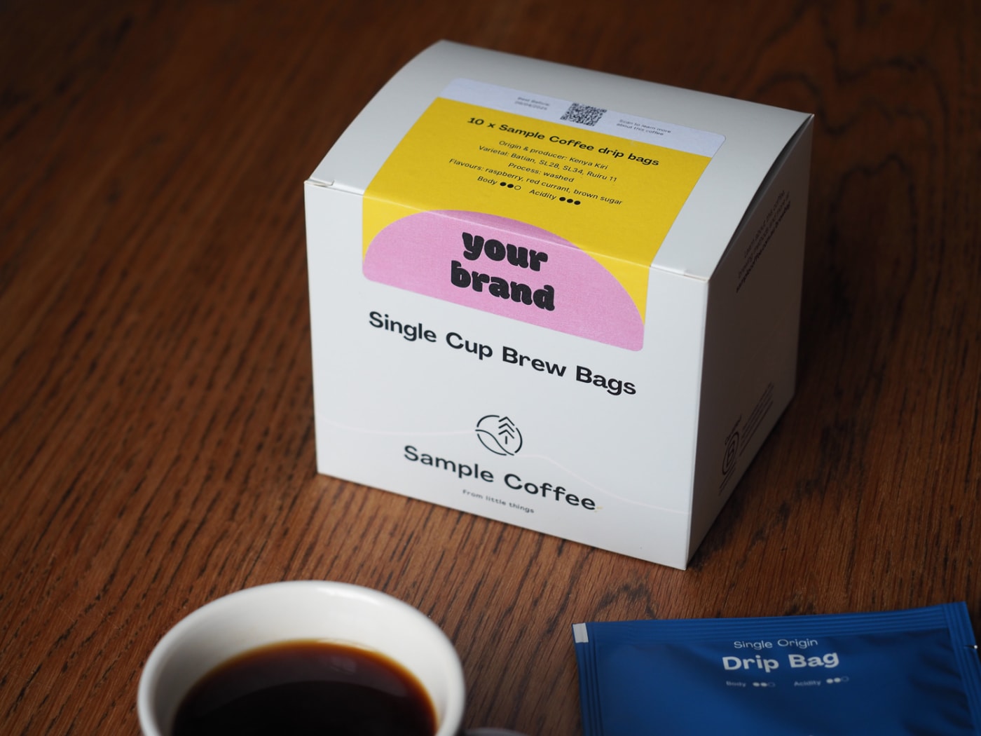 A customised Sample Coffee brew bag box.