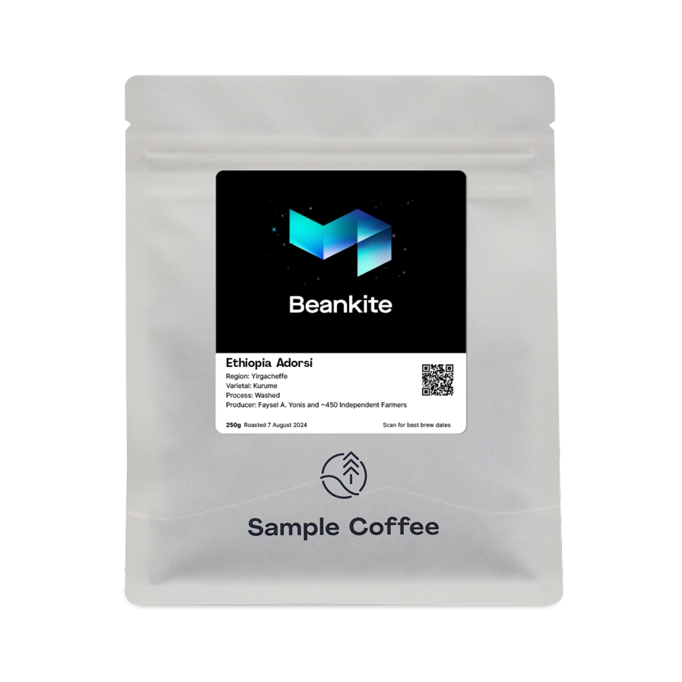 A custom-branded Sample Coffee bag mock-up.