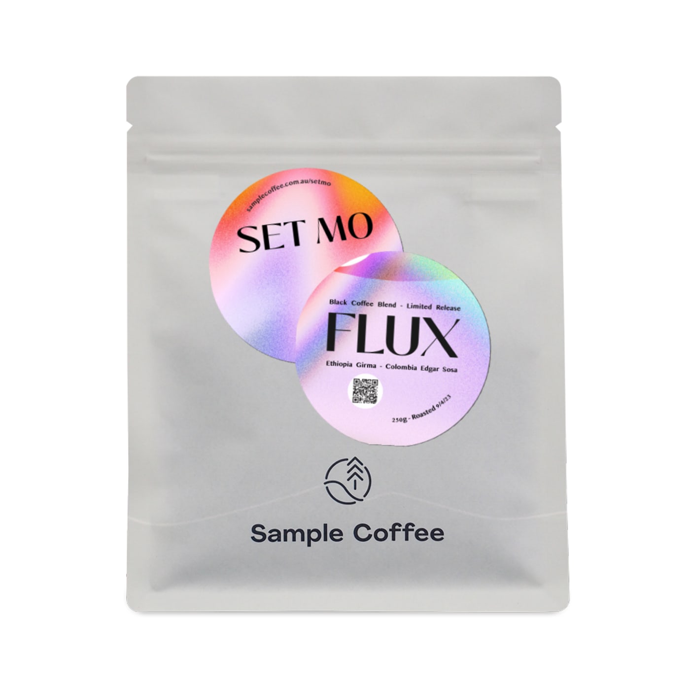 A custom-branded Sample Coffee bag mock-up.