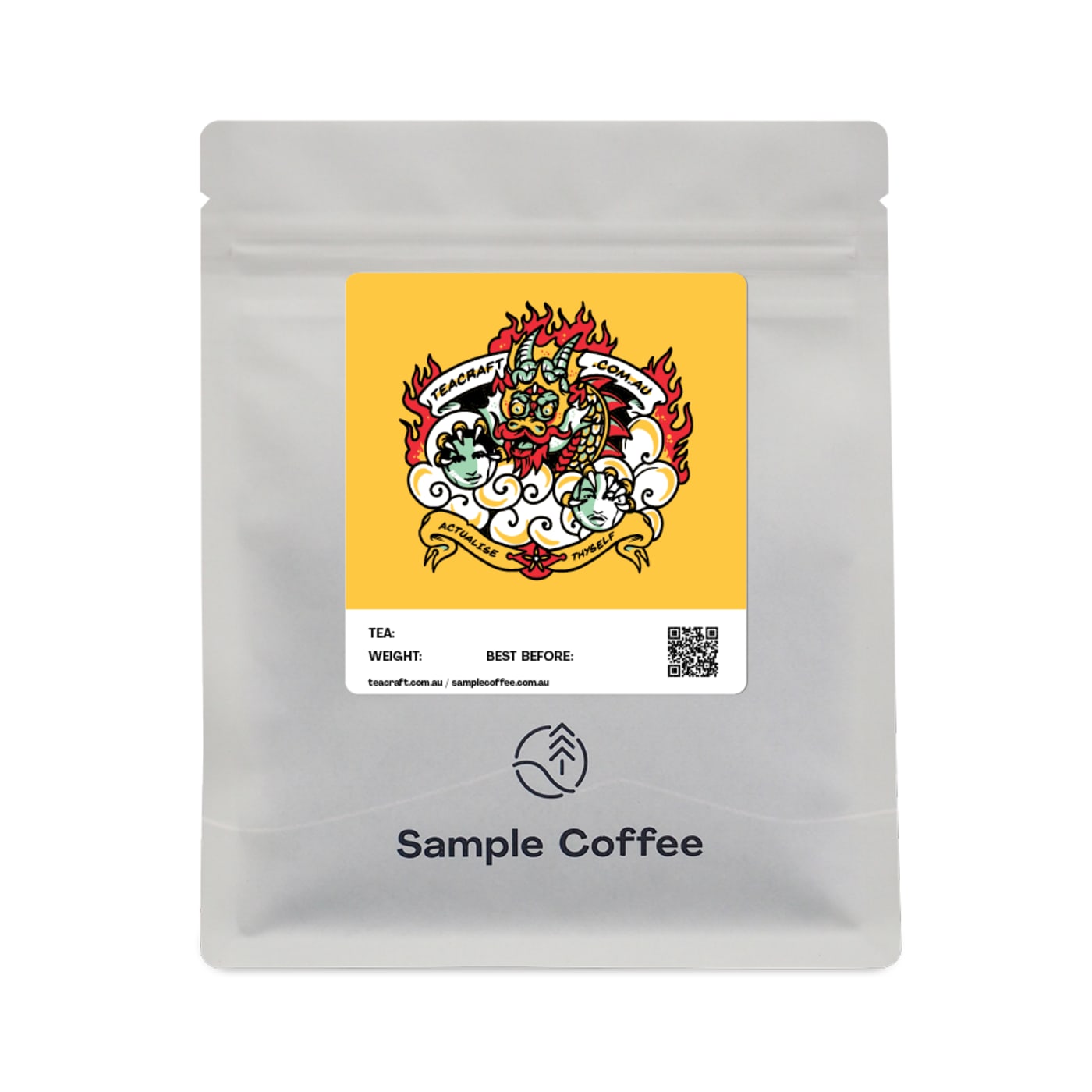 A custom-branded Sample Coffee bag mock-up.