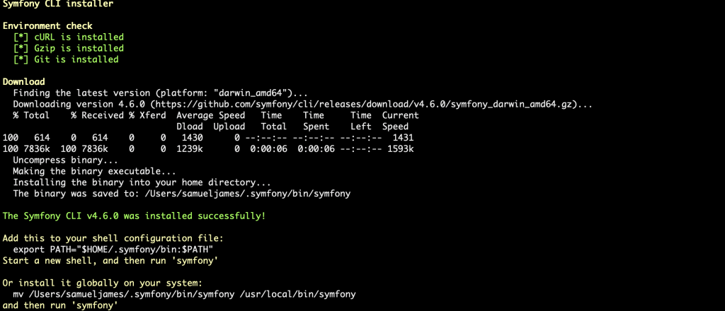 Symfony client installation console output