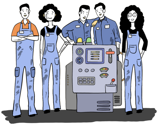 Frances Love, Nancy Newman and technical engineers smiling and fixing equipment.