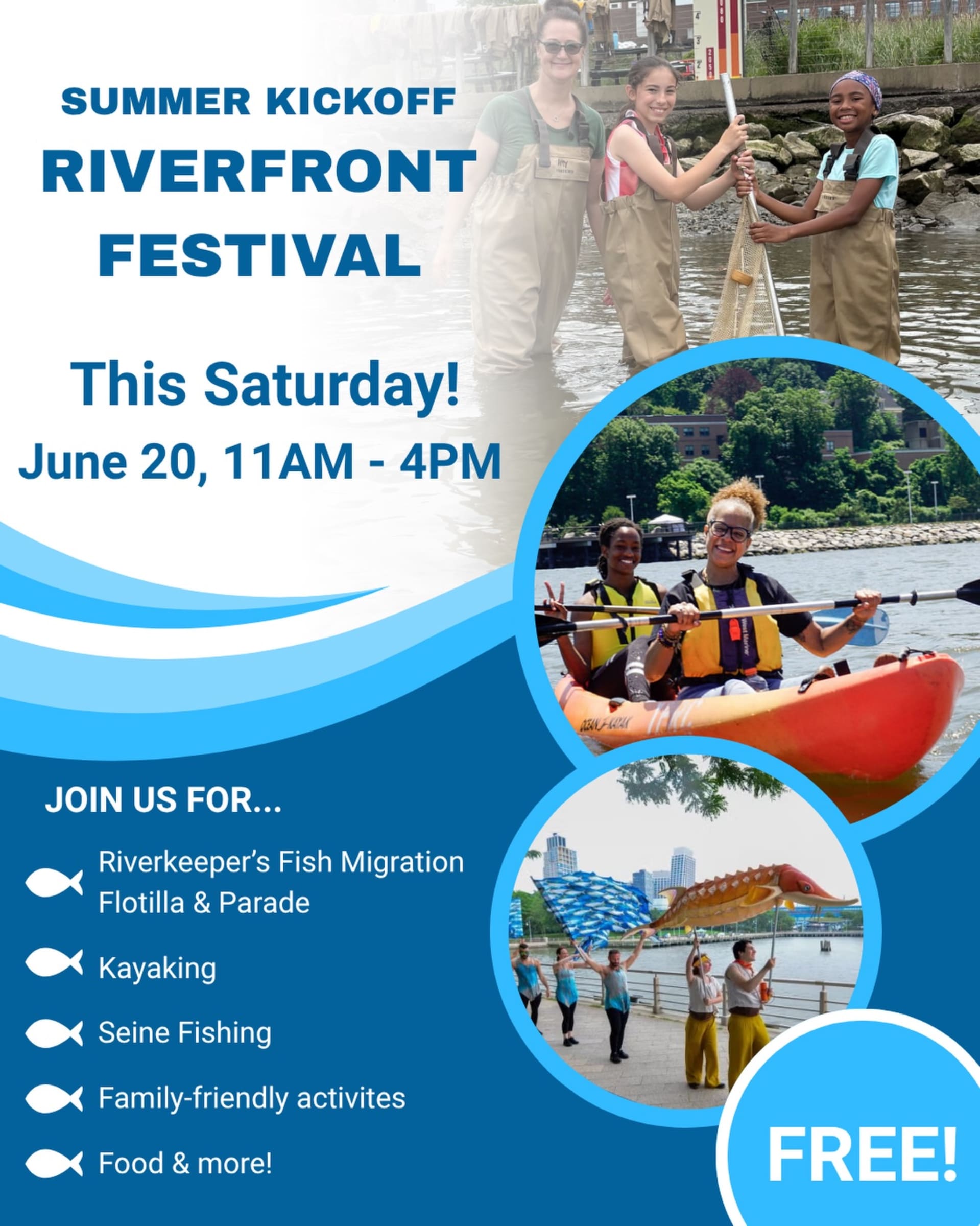 Summer Kickoff Riverfront Festival poster with activities: kayaking, fishing, family fun. Event is June 20, 11AM-4PM.