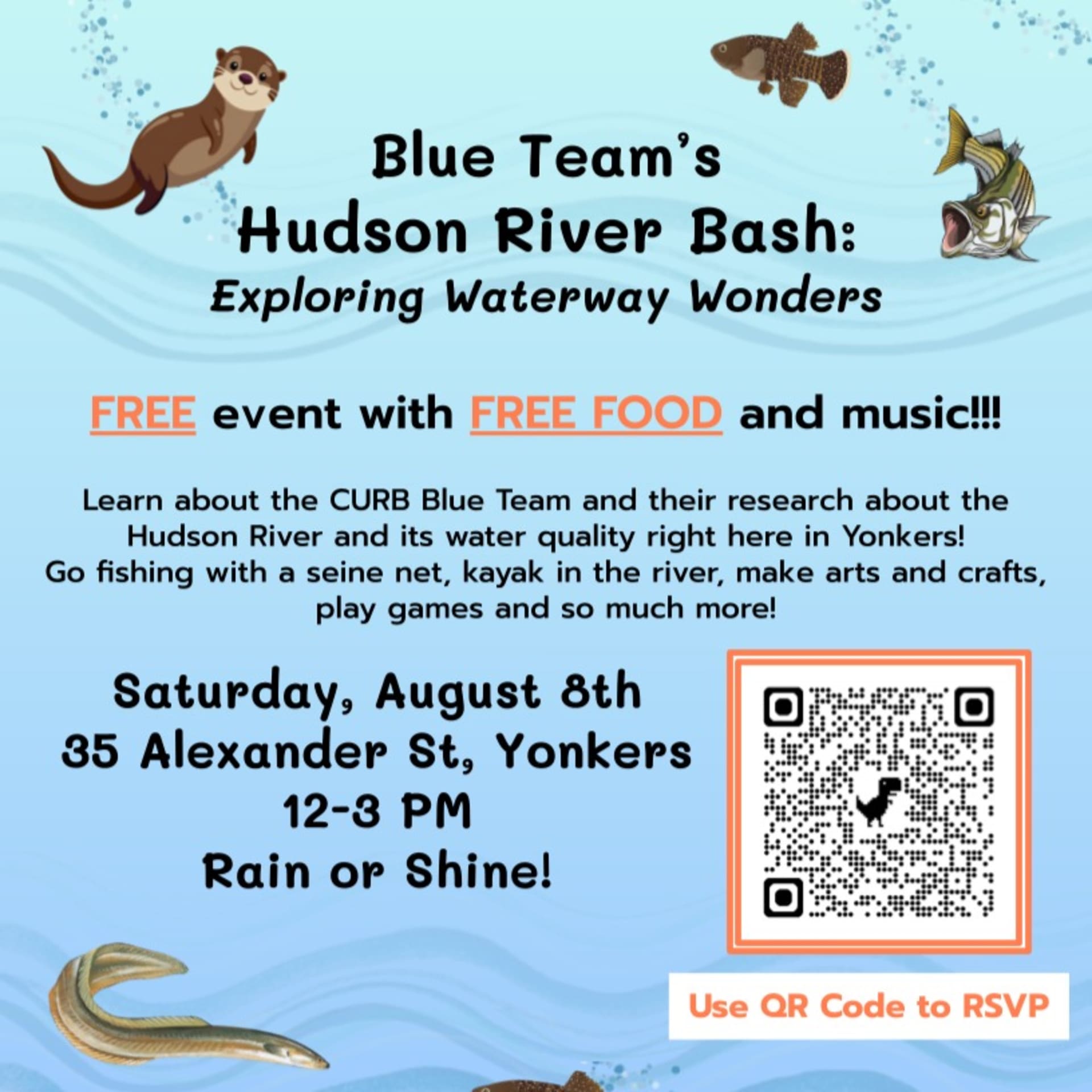 Hudson River Bash flyer with event details, free food, music, activities, and a QR code for RSVP. August 8th, 12-3 PM, Yonkers.