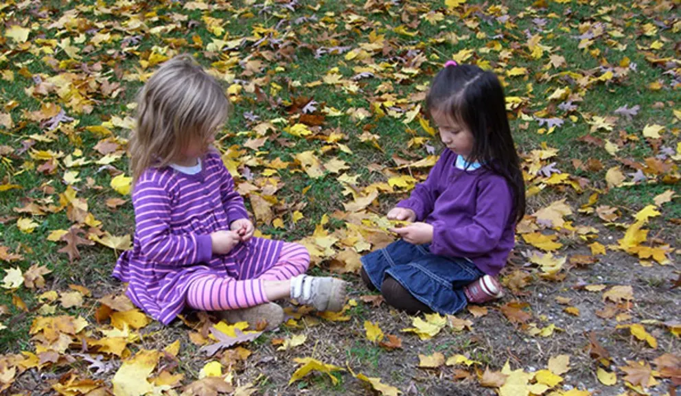 Two children sitting on autumn leaves, examining something in their hands.