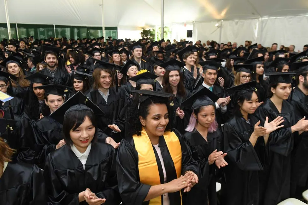 Group of graduates in caps and gowns at a ceremony.