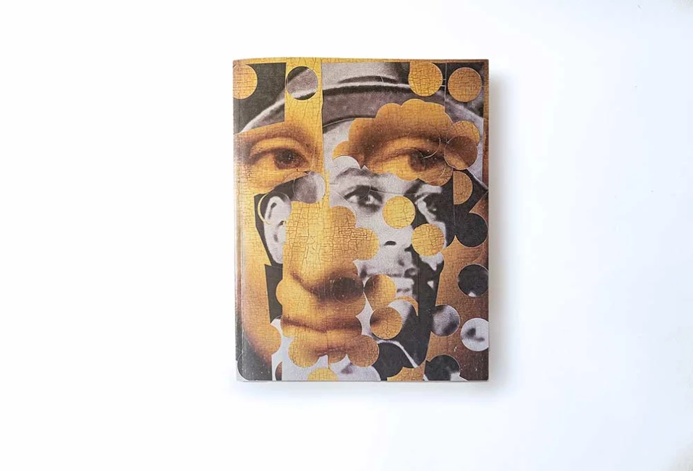 A collage on a book cover featuring a fragmented image of a face with different sized circular cutouts revealing various underlying layers or images.