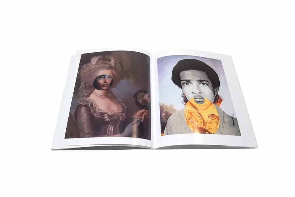 An open book displaying two pages with portraits: the left page shows a classical painting of a woman in historical dress, and the right page shows a black and white photo of a man with a colorful scarf.