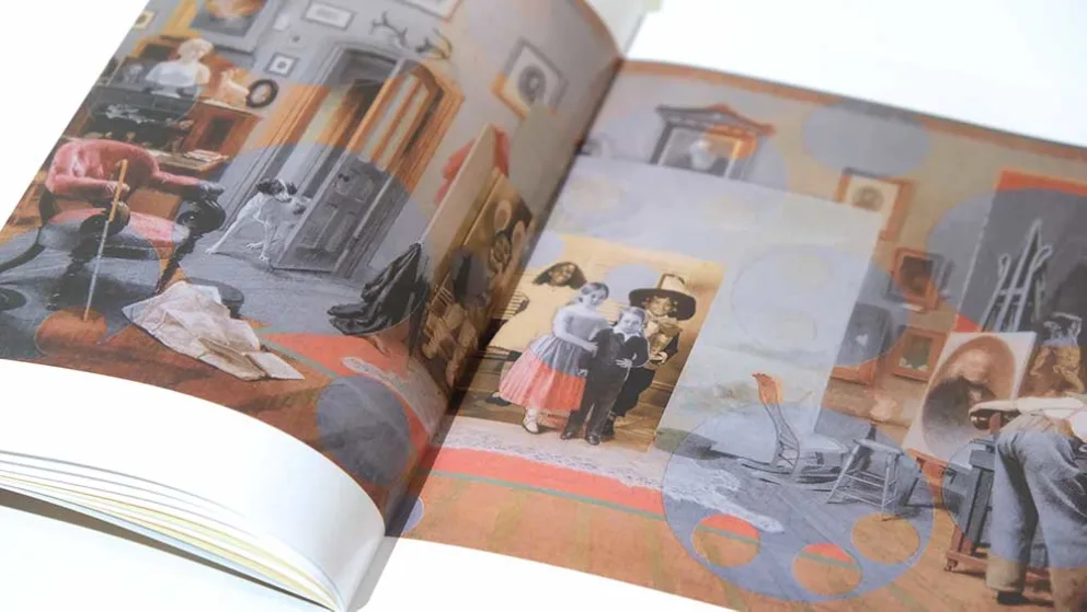 An open book displaying a collage of classic paintings with scenes of everyday life, including people engaged in various activities in a room setting.