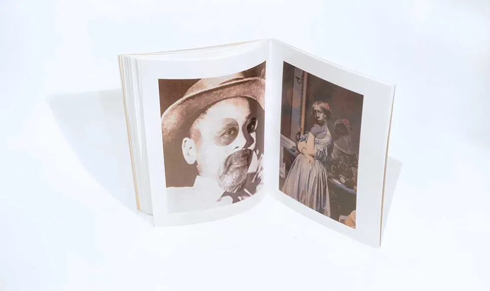 An open booklet with two pages visible, each displaying a vintage photograph; on the left is a sepia-toned photo of a man wearing a hat, and on the right is a colored photo of a woman in period dress.