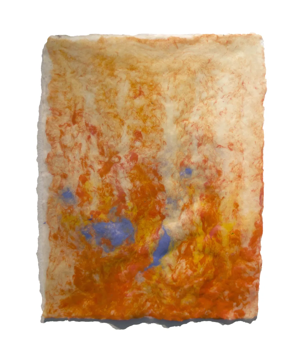 Abstract artwork with swirling orange, blue, and red hues on a textured surface.