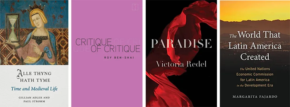 Four book covers: medieval illustration, purple and minimalist, red fabric on black, and sunset with text.