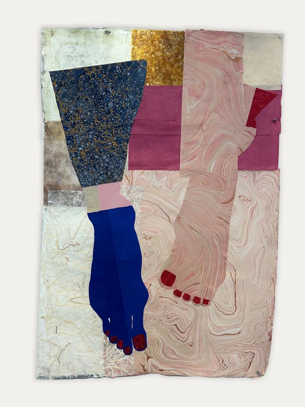 Abstract artwork of two marbled limbs with feet, one in deep blue and the other in swirling pink, set against a patchwork background.