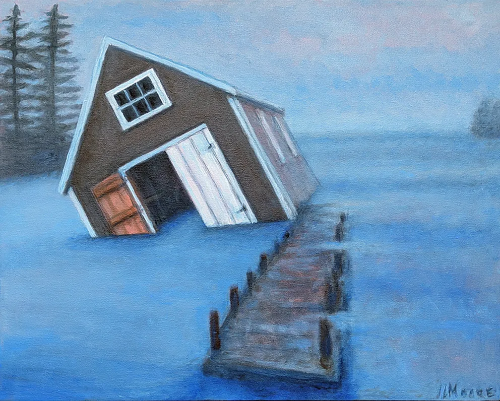 Brown house tipping into water near a wooden pier, with trees in the background and a blue sky.