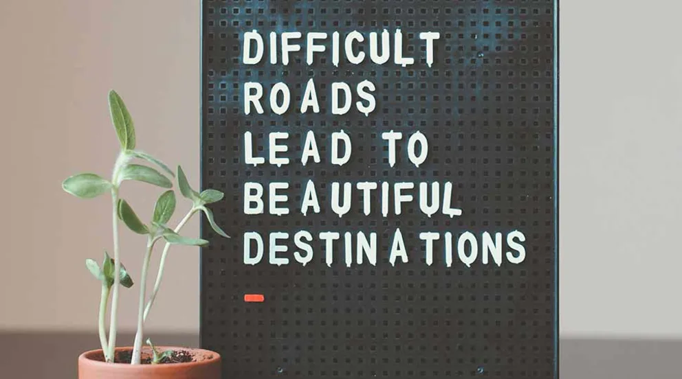 Sign with text "Difficult roads lead to beautiful destinations" next to a small potted plant.