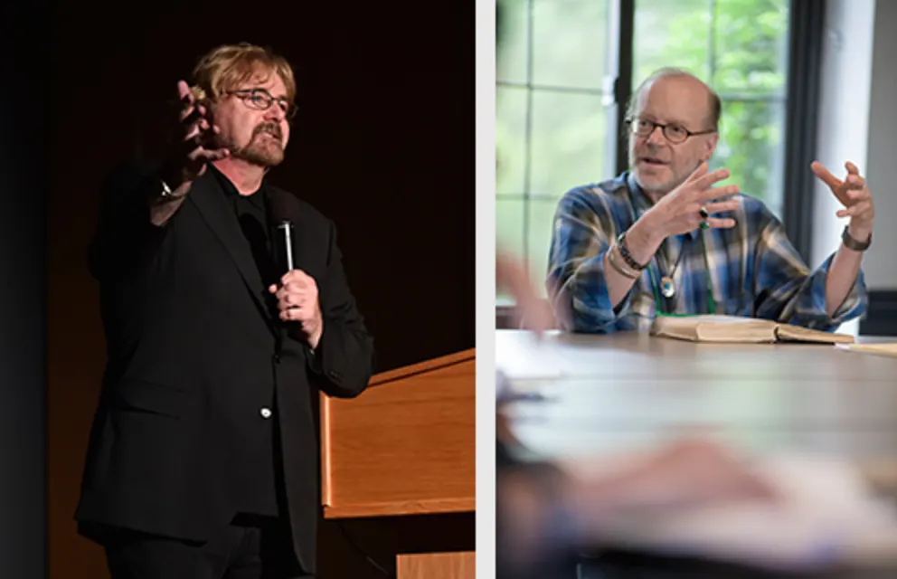 Two people gesturing: one speaking at a podium, another at a table with books in an academic setting.
