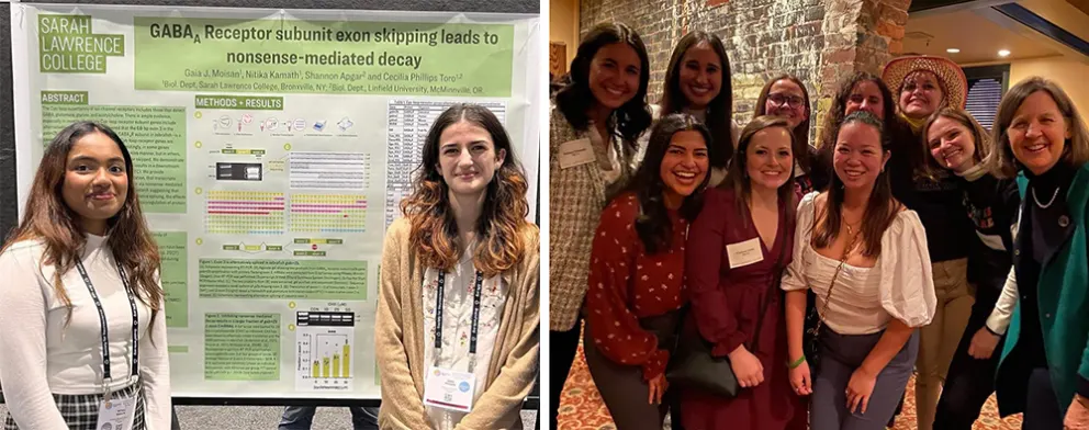 Two images: On the left, two people pose in front of a scientific poster; on the right, a group of ten people smiling indoors.